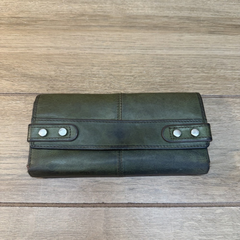 Fossil Fifty Four Womens Green Leather Wallet Clutch Classic Vintage 7.5"X3.5"